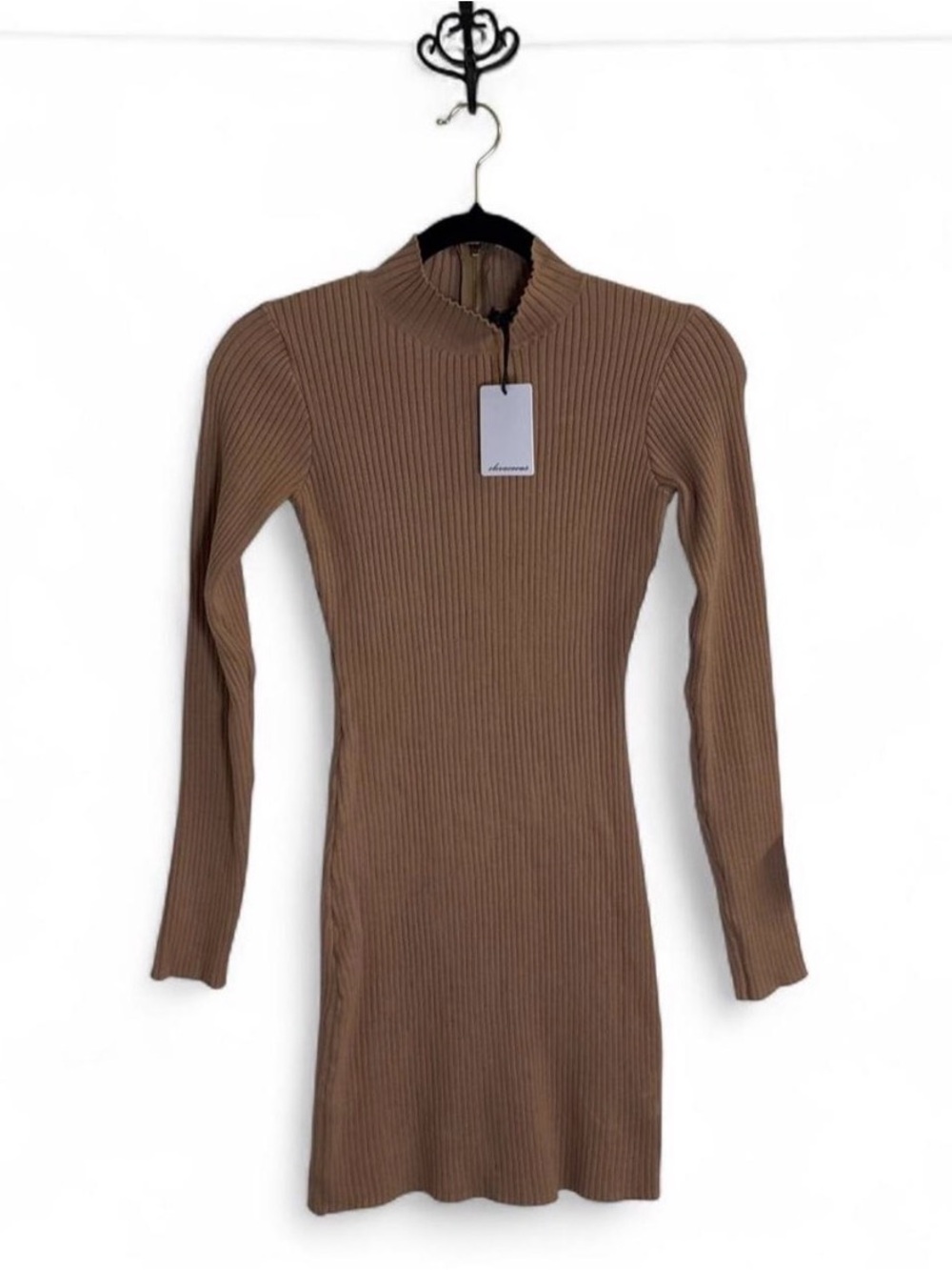 NWT Ribbed Mock-Neck Mini Dress in Camel Brown Size S